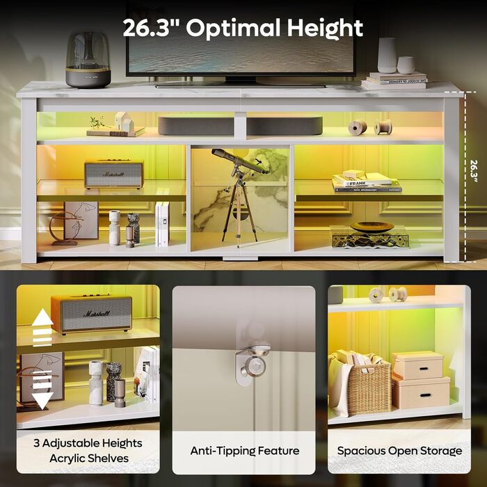 Тумба під телевізор Bestier 70 дюймів з підсвіткою LED, для PS5, біла мармурова - 160x33.8x66.8 см