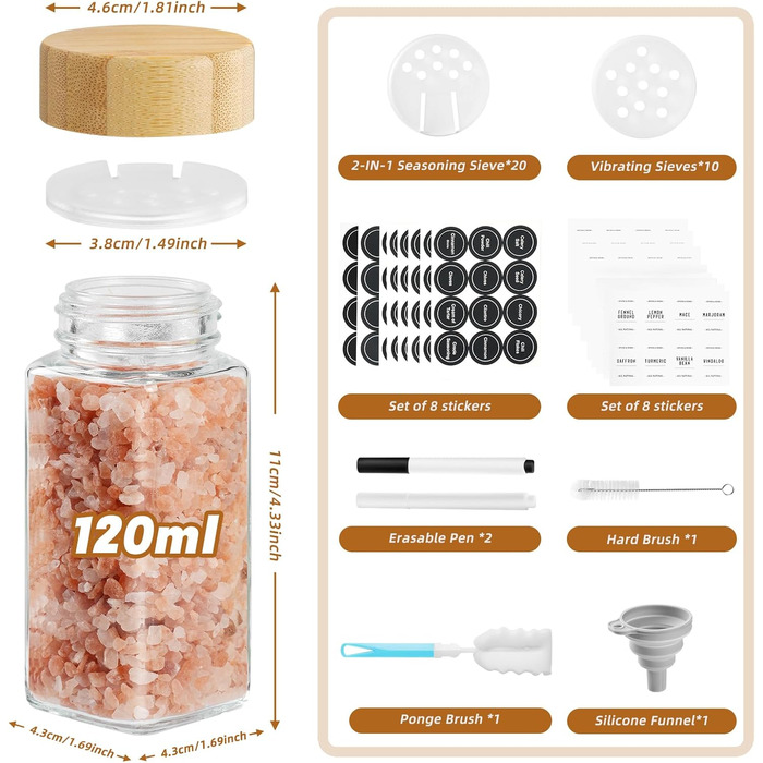 Набір скляних банок для спецій FRIBERG, 20 шт. з дерев'яними кришками, млини для спецій, етикетки