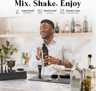 Набір для бармена Pro Mixology: 14 предметів, шейкер Boston, аксесуари для дому, бамбуковий підставник, рецепти коктейлів, подарунковий набір чорного кольору (24oz Cobbler Shaker)