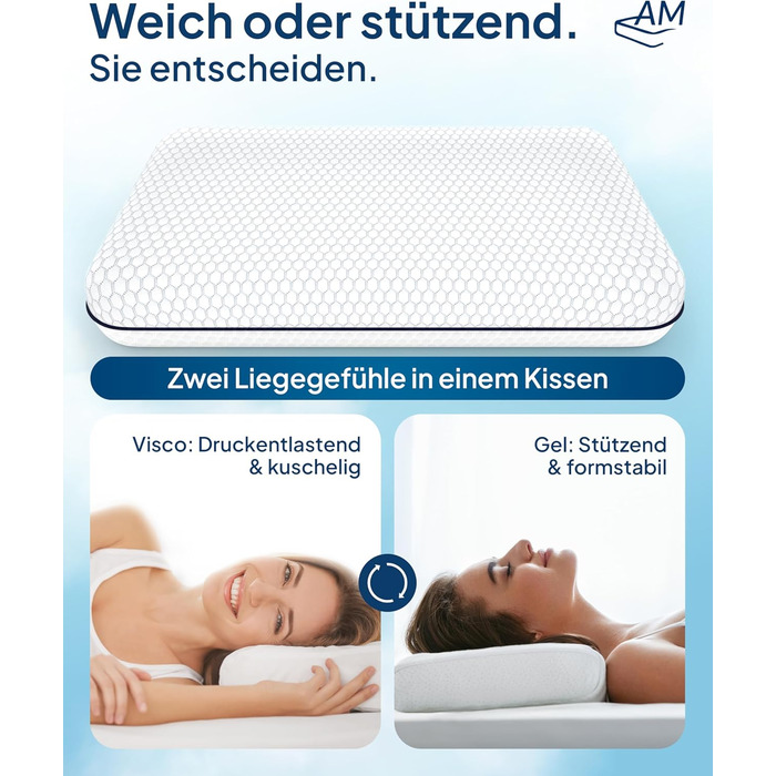 Преміум-матрац з підтримкою шиї AM, регульована висота, ефект охолодження, чохол з Tencel, Made in Germany, сертифікат Oeko-TEX, з гелевим та віскоеластичним шарами, білий