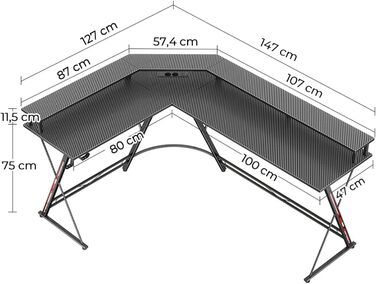 Ігровий стіл SEVEN WARRIOR з LED-підсвічуванням, розетками, моніторний стійка, 2 гачки, L-подібний, 147 см