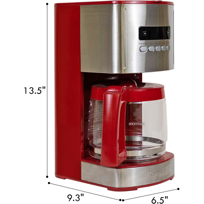 Кавоварка Koolatron Kenmore на 12 чашок, програмована кавоварка з фільтром 1.8 л крапельна кавоварка з технологією швидкого заварювання, цифровий дисплей, таймер, скляний графин, безпечна посудомийна машина, нержавіюча сталь, (червоний)