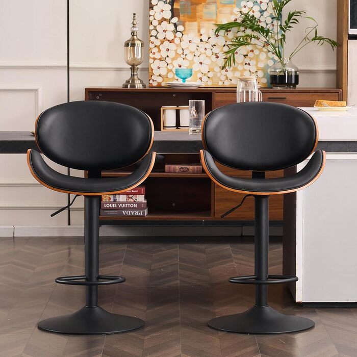 Барний стілець YOUTASTE з вигнутого дерева, 1 шт., 360° обертання, спинка та підніжка, PU-шкіра, для бару, кухні, бістро, білий (чорний)