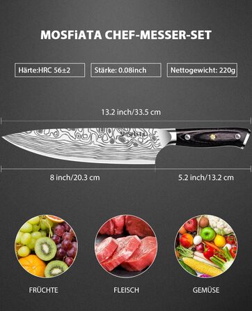 Ніж кухарський MOSFiATA 20 см з нержавіючої сталі EN.4116, професійний, з захистом пальців та точилкою в подарунковій коробці