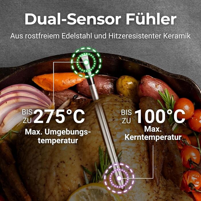 MEATER SE: Бездротовий розумний термометр для м'яса з Bluetooth | Великий радіус дії | Вимірює температуру м'яса та навколишнього середовища | Для приготування на грилі, в духовці, мангалі, на кухні, у коптилці, ротатерії | З чорним зарядним пристроєм