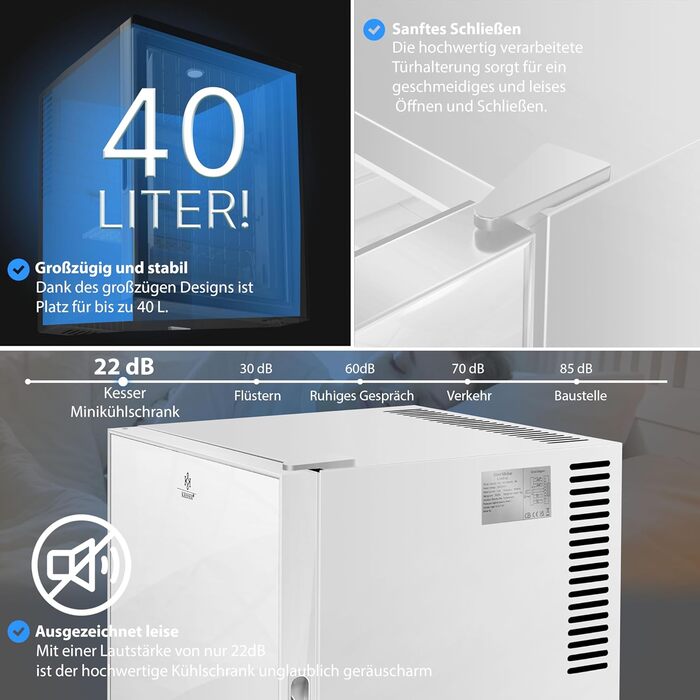 Міні-холодильник KESSER® 40L з дверцятами зі скла: ідеальний для кемпінгу, офісу, спальні, готелю, кухні. Безшумний, з можливістю зміни дверцят, внутрішнім освітленням та відкривачем для пляшок. Білий.