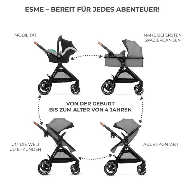 Дитяча коляска Kinderkraft ESME 3-в-1: комплект з автокріслом I-size, до 22 кг, сірого кольору