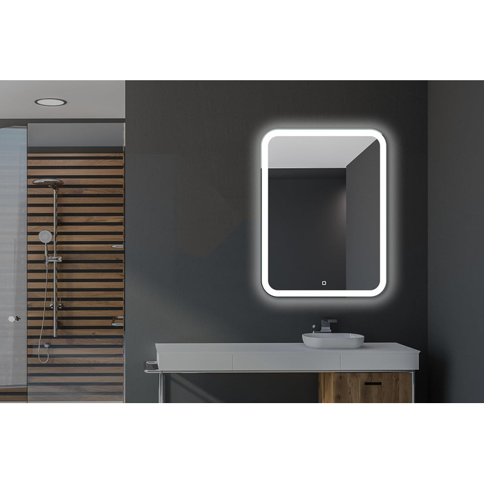 Дзеркало для ванної кімнати LED 50x70 см з підсвічуванням та сенсорним вимикачем, округлені кути, прямокутна форма