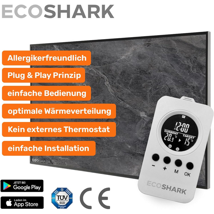 Інфрачервоний обігрівач ECOSHARK з термостатом 300 Вт ЕКОНОМІЯ ВИТРАТ НА ЕЛЕКТРОЕНЕРГІЮ - з пультом дистанційного керування - Електричний обігрівач для розумного будинку на 3-7 м - Підлоговий блок/настінний монтаж (сертифікований TV) (800 Вт (від 13 до 20