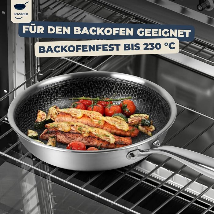 Пательня Pasper Ø 24 см – без PFAS, PTFE та PFOA – для індукційних, електричних, керамічних, газових плит та духовки – нержавіюча сталь з антипригарним покриттям у вигляді стільникового малюнку, придатна для миття в посудомийній машині
