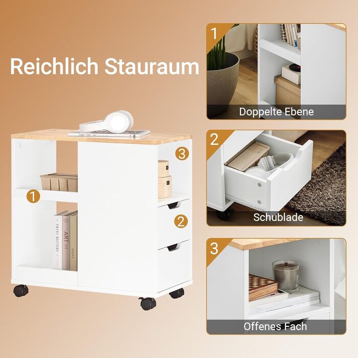 Столик для принтера SoBuy на колесах, з полицями, білий та натуральний колір, 30x60x60 см (FBT130-WN)