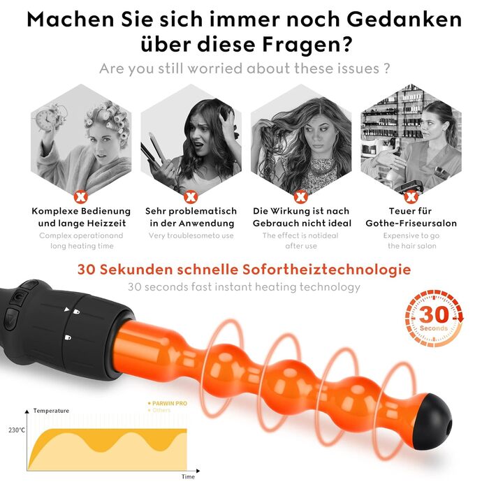 Професійний локон-інструмент Parwin Pro Beauty Lockenstab 7-в-1 з керамічним покриттям, LCD-дисплей, 100-230°C