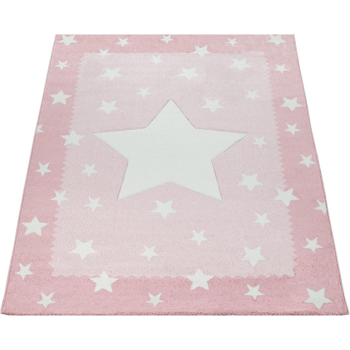 Дитячий килим Paco Home Дитяча дитяча рожева 3-D зірка Дизайн Бордюр М'який Міцний Короткий ворс, Розмір 80x150 см (200x290 см)