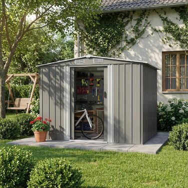 Сарай металевий Devoko 96x98x160 см для саду та двору з похилим дахом, сталевий, з рукавичками, сірий (L)