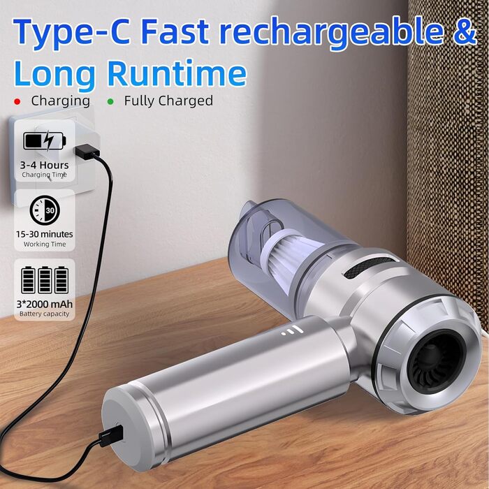 Бездротовий портативний автомобільний пилосос, потужний циклонний міні-пилосос 23000Па з USB-зарядкою для авто, дому та офісу, сріблястий