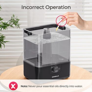 Зволожувач повітря Chivalz Top Fill для великих кімнат 6л з нічником, поворотна на 360° форсунка, аромадифузор, 50 годин, для спальні, дитячої, рослин, немовлят, чорний глянцевий + 2 виходи туману