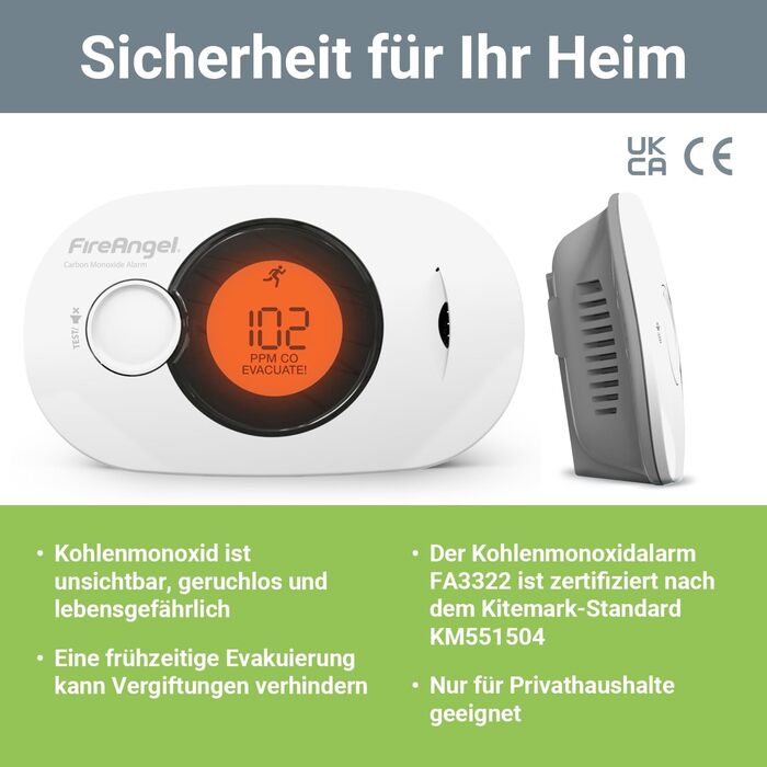 Детектор чадного газу Fire Angel FA3322 з акумулятором 10 років - CO-метр, для дому та подорожей