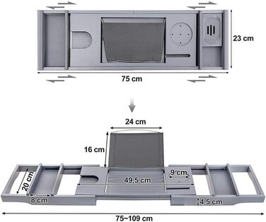 Піддон для ванни Бамбуковий місток для ванни з розширювальними бортами Вбудована книга, тримач для планшета Піднос для мобільного телефону Тримач келихів для вина Мильний рушник Піддон для ванни (колір сірий, розмір 75 см x 23 см) 75 см x 23 см Сірий