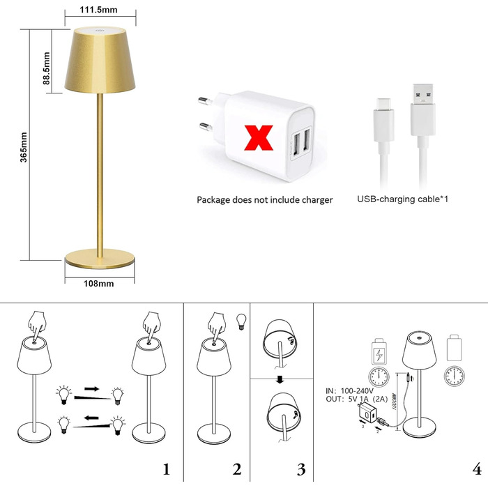 Акумуляторна настільна лампа Klighten LED з можливістю затемнення Gold, бездротова, USB-C, 3000K, алюміній, IP54