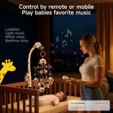 Мобіль для дитячого ліжечка TUMAMA для малюків 0-6 місяців з нічником, проєктором, музикою та білим шумом, чорно-біле іграшкове звірятко для підвішування