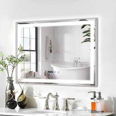 Дзеркало для ванної кімнати YOURLITE з LED-підсвічуванням 100x60 см, сенсорне управління, годинник, антизапар, 3 кольори світла, регулювання яскравості, функція пам'яті, білий (срібло)