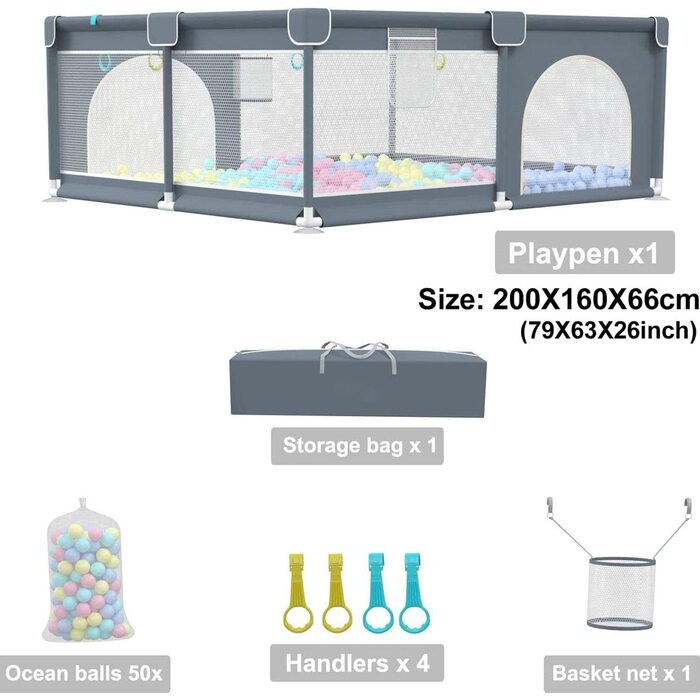 Манеж Baby з матрацом 180х150 см, Манеж дитячий з ямою для куль 50, 4 ручки, дверцята на блискавці, сітка-кошик і дихаюча сітка, Дуже великий дитячий манеж з сумкою для зберігання (200x160см (без килимка))