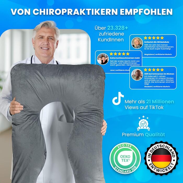 U-подібна подушка для сну PillowDaddy XXL для вагітних та годування, ортопедична подушка для підтримки спини, стегон та полегшення болю при ішіасі, з чохлом