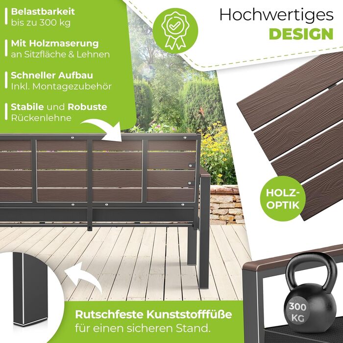Кесер® Садова лавка з подушками – лавка для відпочинку на вулиці, 2 місця, паркова лавка з імітацією дерева, для балкона, саду, тераси, вантажопідйомність до 300 кг, стійка до УФ-випромінювання, знімний та пральний чохол (Кофе / Антрацит)