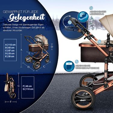 Дитяча коляска KIDUKU® 3 в 1 XXL Комплект | Комбінована коляска з люлькою, візком та автокріслом, комплект включає: люльку, візок, автокрісло, підніжка для ніг, сумка для пеленання, грілки для рук, дощовик, столик для дитини, гумові колеса, ECE R129, Колі