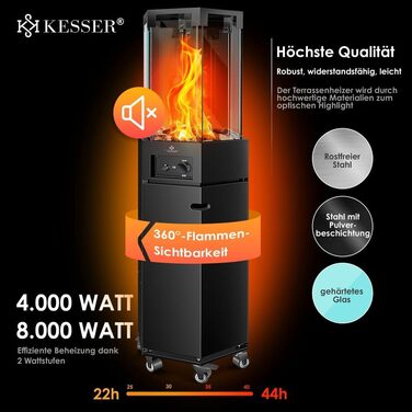 Газовий обігрівач KESSER® 4/8 кВт з п'єзозапалюванням, регулятором тиску газу та захисним кожухом. 360° поворот, захист від перекидання. Підходить для тераси, вулиці, кемпінгу. Чорний колір.