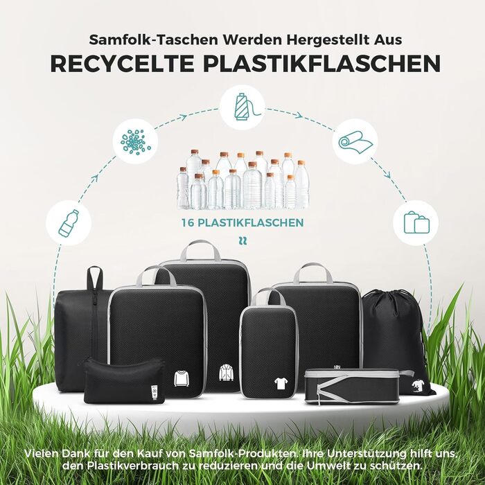 Набір органайзерів для валізи та рюкзака з компресією, водонепроникні пакувальні куби для подорожей, 8 предметів, чорний