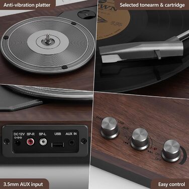 Вініловий програвач з зовнішніми стерео динаміками, Bluetooth Hi-Fi, вінтажний дизайн
