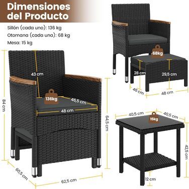 Садовий набір меблів Yaheetech з ротангу для балкона та тераси 5 предметів: 2 крісла, 2 пуфи, столик (чорний/сірий)
