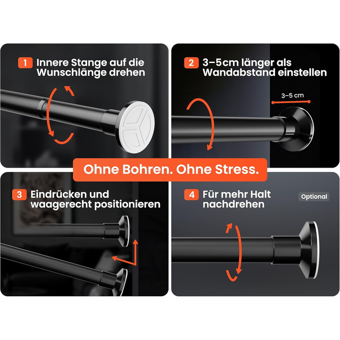 Телескопічна штанга для кріплення 260-310 см, Ø 25 мм, багатофункціональна штанга без свердління - для штор, душових перегородок, ванної кімнати та балкону (50-80 см, матовий чорний)