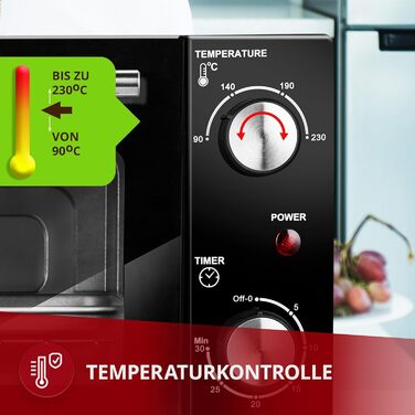 Міні-духовка MPM MPE-13, 10 л, з верхнім та нижнім нагрівом, чорна, з деко та решіткою, 4-рівневе регулювання температури 90-230°C, для піци