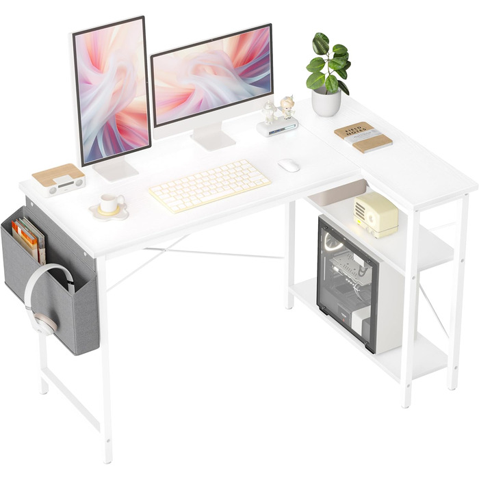 Кутовий стіл BEXEVUE для геймінгу та роботи, 120x70 см, з полицями, білий