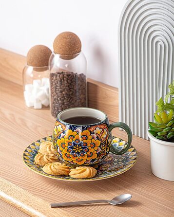 Набір кавових чашок Henten Home з порцеляни, 6 шт., 250 мл, ручної роботи, набір для 6 осіб, включає чашки та блюдця (600 мл)