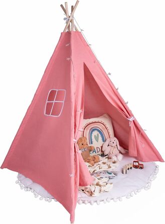 Дитяче намету для ігор | Ігровий намет-тіпі для дівчаток та хлопчиків, 140 x 120 см, бавовняна тканина з зірками, килимок в комплекті (Pink Blush)