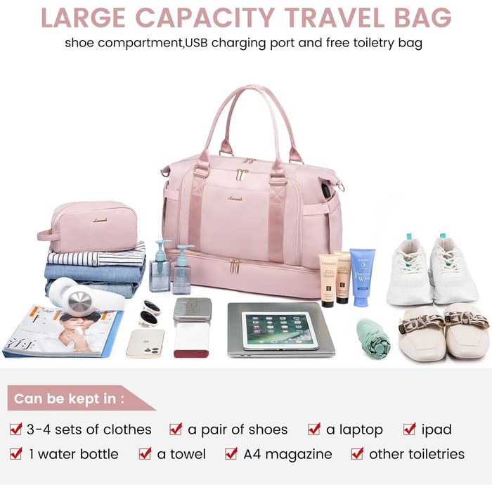 Спортивна сумка LOVEVOOK для подорожей, жіноча, 37L, рожева: Weekender, культ. сумка, відділення для взуття та мокрих речей