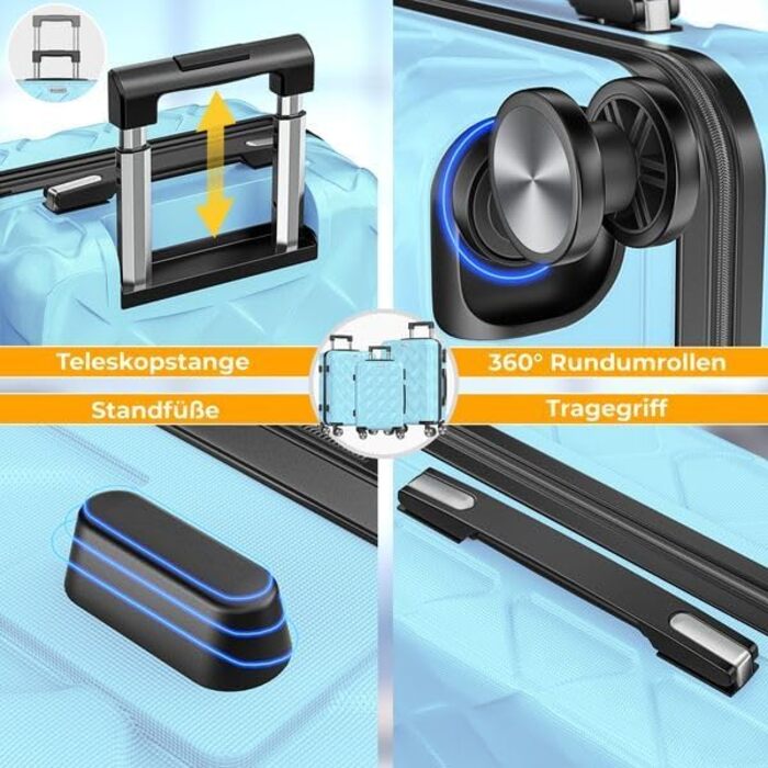 Набір дорожніх валіз KESSER з 3 предметів, ABS пластик, жорсткий корпус, кодовий замок, ваги для багажу та дорожній гаманець, колеса 360°, Sky Blue