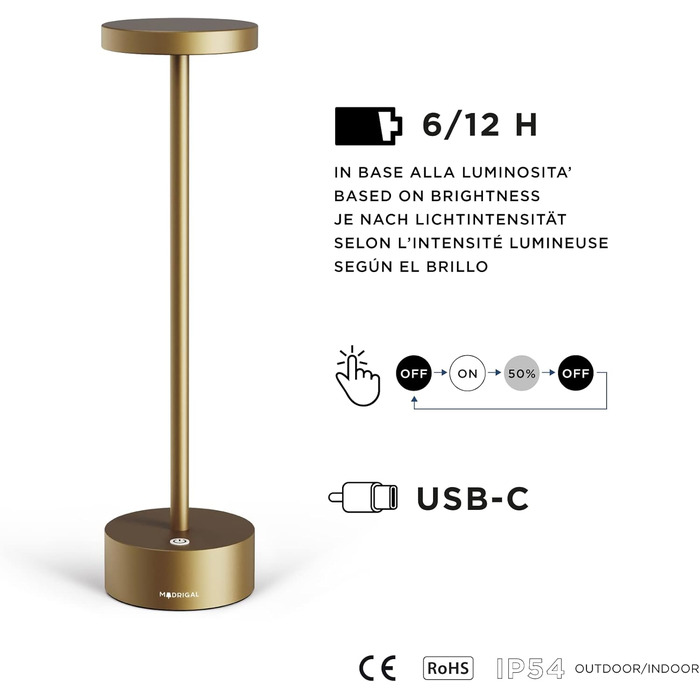 LED-лампа Neu Stiletto IP54 - бездротова, USB-C, для дому та ресторану (Темне Золото)