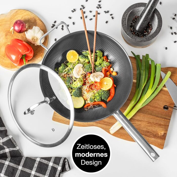 Вафельниця Moritz & Moritz з нержавіючої сталі 30 см з керамічним покриттям нового покоління - підходить для всіх типів плит - антипригарний вок з вафельною структурою для смаження, тушкування та варіння (з кришкою)