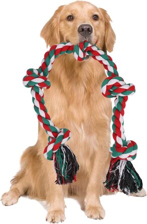 Іграшка для собак LUXMAY незнищенна мотузка для сильних великих собак, іграшка для собачої мотузки, 92 см, 5 вузлів, мотузка для агресивного жування, інтерактивна мотузка для собак середніх і великих порід (різдвяні розмальовки)