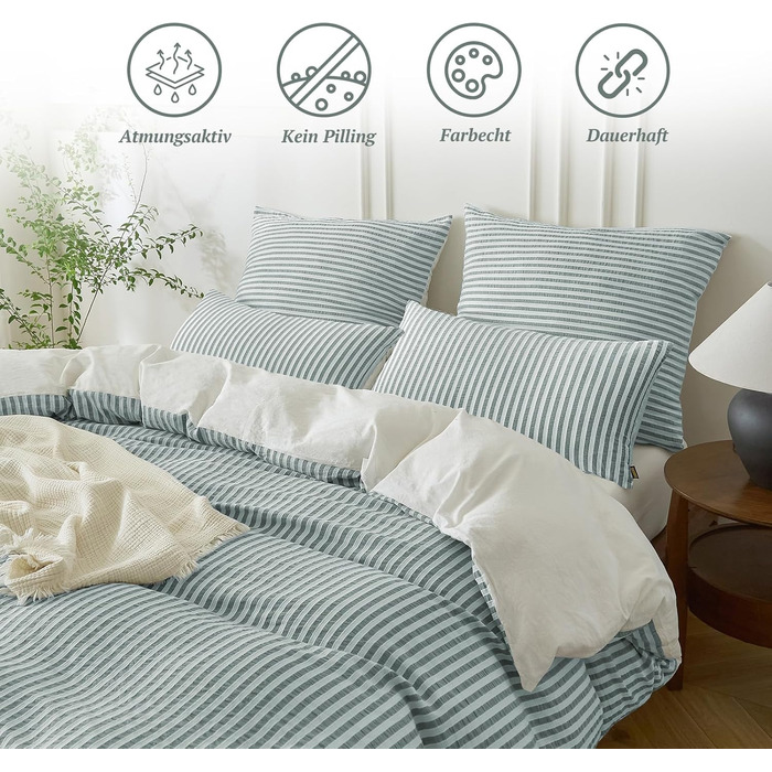 Набір постільної білизни SOULFUL 200x200, бавовна, смугастий дизайн, джакард, екологічна бавовна, бохо стиль, преміум якість, сертифікат Öko-Tex 100, колір деним (темно-зелений & білий), 4-елементний комплект (2x 135*200 см | 2x 80*80 см)