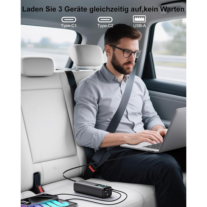 Power Bank AsperX 20000mAh, 165W, 2x USB-C (100W), для ноутбуків, iPhone, MacBook, Samsung, вбудований кабель 60см, TFT-дисплей