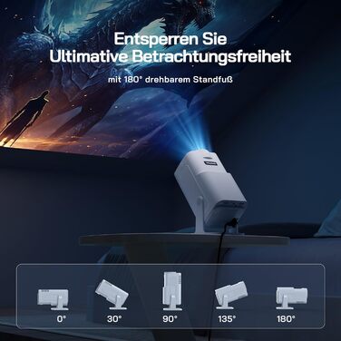 WOLFANG Міні проєктор 4K з Netflix, 26000 люмен, WiFi 6, Smart, 50% Zoom, 180° обертання, сумісний з TV Stick, iOS, Android, PC, PS5, HDMI, AV