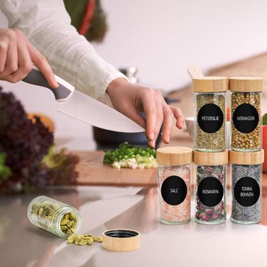 Набір баночок для спецій, 24 шт по 100 мл з етикетками та дерев'яними кришками | Набір баночок для спецій, баночки для приправ, зберігання спецій