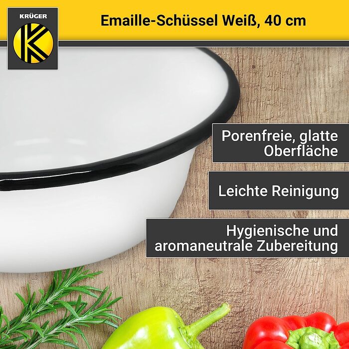 Емальована миска КРЮГЕРА білого кольору-поверхня, стійка до порізів і подряпин - придатна для миття в посудомийній машині - ідеально підходить для салатів і закусок. (Білий, 40 см) 40 см білий