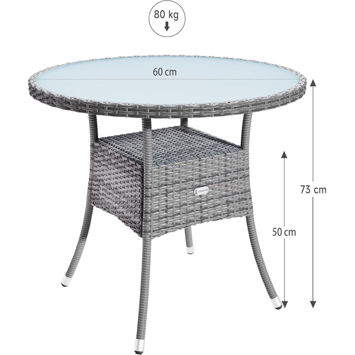 Садовий стіл Casaria круглий з полі ротанга Ø60 см сірий, стійкий до погодних умов, 80 кг з навантаженням, скляна стільниця