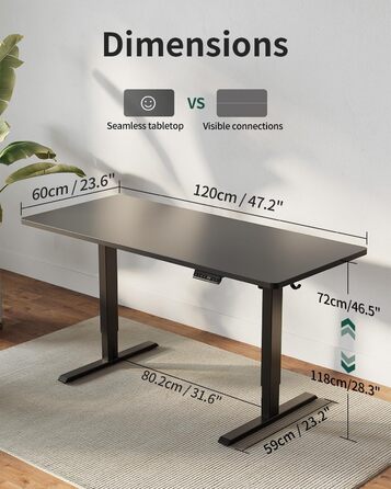 FEZIBO Стол підйомний з регулюванням висоти, 120x60 см, чорний, з USB-A та USB-C, для дому та офісу